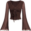 image:imageRoseSeek Womens Tie Front V Neck Sheer Mesh Tops Long Flounce Sleeve Asymmetrical Hem T ShirtBrown