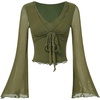 image:imageRoseSeek Womens Tie Front V Neck Sheer Mesh Tops Long Flounce Sleeve Asymmetrical Hem T ShirtGreen