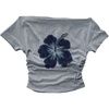 image:imageRoseSeek Womens Y2K Hibiscus Floral Graphic Tees Short Sleeve Ruched Off The Shoulder Tops Cute T ShirtsLight Grey