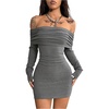 image:imageRoseSeek Womens Y2K Off Shoulder Foldover Knit Dress Streetwear Long Sleeve Bodycon Mini DressesGrey