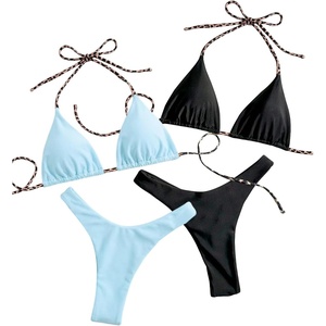 image:imageRoseSeek 2 Pack Leopard Print Bikini Sets Halter Triangle Top Brazilian Bottom Animal Print Swimwear BundleBlue and Leopard