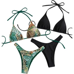 image:imageRoseSeek 2 Pack Leopard Print Bikini Sets Halter Triangle Top Brazilian Bottom Animal Print Swimwear BundleGreen and Black