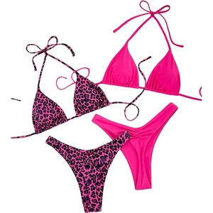 image:imageRoseSeek 2 Pack Leopard Print Bikini Sets Halter Triangle Top Brazilian Bottom Animal Print Swimwear BundleHot Pink and Cheetah