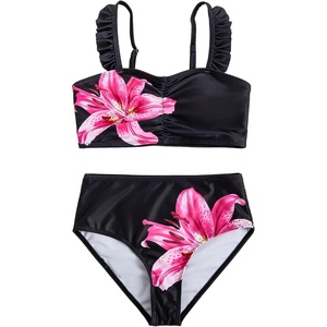 image:imageRoseSeek Girls 2 Piece Cherry Print Swimwear Ruffle Trim Ruched Bathing Suits Cute SwimsuitsBlack