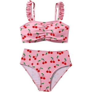 image:imageRoseSeek Girls 2 Piece Cherry Print Swimwear Ruffle Trim Ruched Bathing Suits Cute SwimsuitsPink