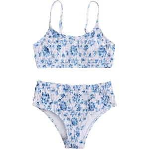image:imageRoseSeek Girls 2 Piece Floral High Waisted Swimsuit Smocked Wireless Bathing Suit Boho Holiday Beachwear SetBlue and White