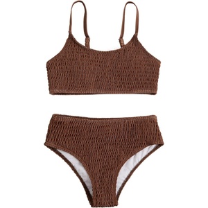 image:imageRoseSeek Girls 2 Piece Floral High Waisted Swimsuit Smocked Wireless Bathing Suit Boho Holiday Beachwear SetCoffee Brown