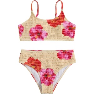 image:imageRoseSeek Girls 2 Piece Floral High Waisted Swimsuit Smocked Wireless Bathing Suit Boho Holiday Beachwear SetCoral Orange