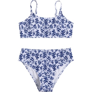 image:imageRoseSeek Girls 2 Piece Floral High Waisted Swimsuit Smocked Wireless Bathing Suit Boho Holiday Beachwear SetDeep Blue and White