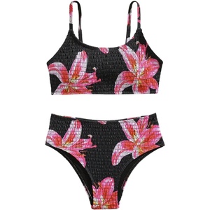 image:imageRoseSeek Girls 2 Piece Floral High Waisted Swimsuit Smocked Wireless Bathing Suit Boho Holiday Beachwear SetPink and Black