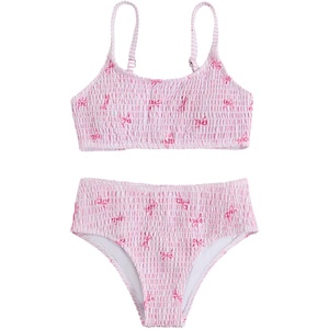 image:imageRoseSeek Girls 2 Piece Floral High Waisted Swimsuit Smocked Wireless Bathing Suit Boho Holiday Beachwear SetStriped Pink