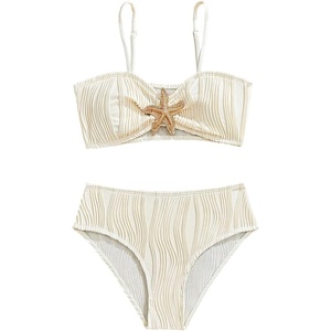 image:imageRoseSeek Girls 2 Piece Starfish Swimsuit Padded Bathing Suit Textured Spaghetti Strap Bikini SwimsuitBeige