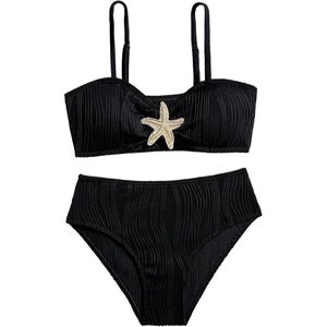 image:imageRoseSeek Girls 2 Piece Starfish Swimsuit Padded Bathing Suit Textured Spaghetti Strap Bikini SwimsuitBlack