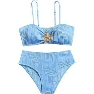 image:imageRoseSeek Girls 2 Piece Starfish Swimsuit Padded Bathing Suit Textured Spaghetti Strap Bikini SwimsuitBlue