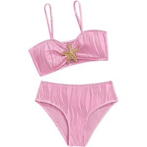 image:imageRoseSeek Girls 2 Piece Starfish Swimsuit Padded Bathing Suit Textured Spaghetti Strap Bikini SwimsuitPink