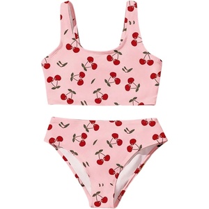 image:imageRoseSeek Girls 2 Piece Striped Bowknot Swimsuit Set Wireless Cute Bathing Suit Summer Beachwear Bikini SetsCherry Pink and Red