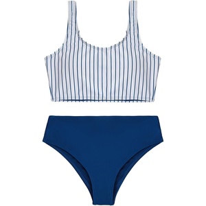 image:imageRoseSeek Girls 2 Piece Striped Bowknot Swimsuit Set Wireless Cute Bathing Suit Summer Beachwear Bikini SetsDeep Blue White