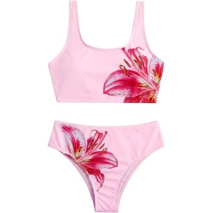 image:imageRoseSeek Girls 2 Piece Striped Bowknot Swimsuit Set Wireless Cute Bathing Suit Summer Beachwear Bikini SetsFloral Light Pink