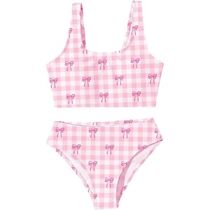 image:imageRoseSeek Girls 2 Piece Striped Bowknot Swimsuit Set Wireless Cute Bathing Suit Summer Beachwear Bikini SetsPlaid Pink