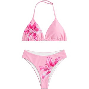 image:imageRoseSeek Girls 2 Piece Swimsuits Floral Gingham Halter Triangle Wireless Bikini Bathing SuitPink