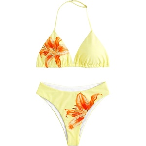 image:imageRoseSeek Girls 2 Piece Swimsuits Floral Gingham Halter Triangle Wireless Bikini Bathing SuitYellow