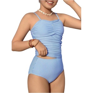 image:imageRoseSeek Girls 2 Piece Swimsuits Striped Print Ruched Front Cami Tops and High Waisted Bottoms TankiniMulticolor