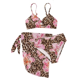 image:imageRoseSeek Girls 3 Piece Bikini Set with Beach Skirt Floral Leopard ORing Padded Swimsuit for Teen GirlsBrown