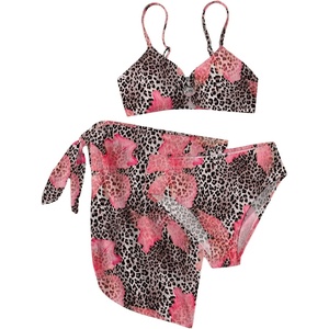 image:imageRoseSeek Girls 3 Piece Bikini Set with Beach Skirt Floral Leopard ORing Padded Swimsuit for Teen GirlsBrown and Pink