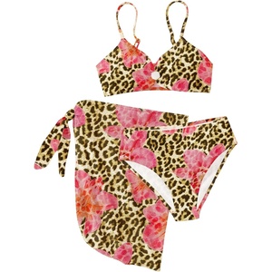 image:imageRoseSeek Girls 3 Piece Bikini Set with Beach Skirt Floral Leopard ORing Padded Swimsuit for Teen GirlsCheetah Floral