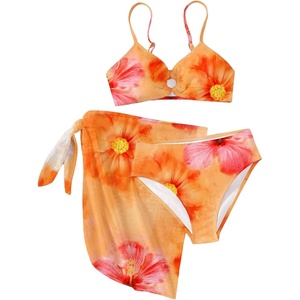 image:imageRoseSeek Girls 3 Piece Bikini Set with Beach Skirt Floral Leopard ORing Padded Swimsuit for Teen GirlsFloral Orange
