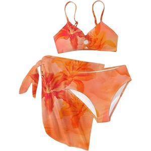 image:imageRoseSeek Girls 3 Piece Bikini Set with Beach Skirt Floral Leopard ORing Padded Swimsuit for Teen GirlsOrange