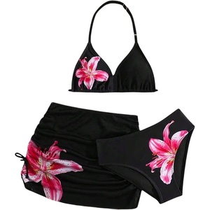 image:imageRoseSeek Girls 3 Piece Cute Bowknot Bathing Suit Halter Triangle High Waisted Swimsuit with Beach Cover Up SkirtBlack