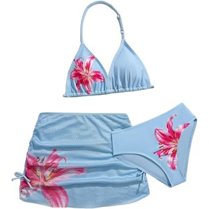 image:imageRoseSeek Girls 3 Piece Cute Bowknot Bathing Suit Halter Triangle High Waisted Swimsuit with Beach Cover Up SkirtBlue and Pink