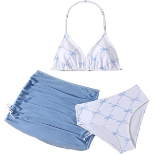 image:imageRoseSeek Girls 3 Piece Cute Bowknot Bathing Suit Halter Triangle High Waisted Swimsuit with Beach Cover Up SkirtBlue and White