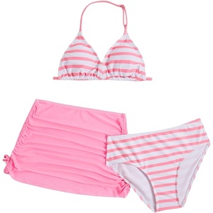 image:imageRoseSeek Girls 3 Piece Cute Bowknot Bathing Suit Halter Triangle High Waisted Swimsuit with Beach Cover Up SkirtBright Pink