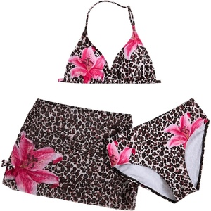 image:imageRoseSeek Girls 3 Piece Cute Bowknot Bathing Suit Halter Triangle High Waisted Swimsuit with Beach Cover Up SkirtCheetah Brown