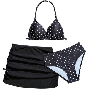 image:imageRoseSeek Girls 3 Piece Cute Bowknot Bathing Suit Halter Triangle High Waisted Swimsuit with Beach Cover Up SkirtDots Black and White