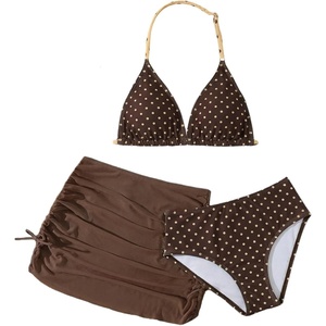 image:imageRoseSeek Girls 3 Piece Cute Bowknot Bathing Suit Halter Triangle High Waisted Swimsuit with Beach Cover Up SkirtDots Brown