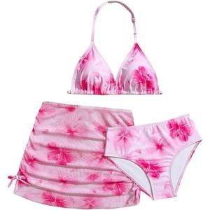 image:imageRoseSeek Girls 3 Piece Cute Bowknot Bathing Suit Halter Triangle High Waisted Swimsuit with Beach Cover Up SkirtFloral Pink