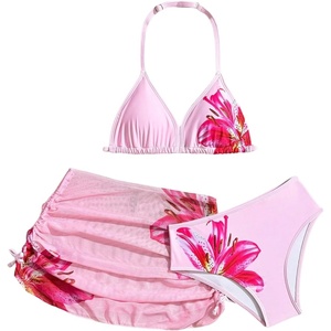 image:imageRoseSeek Girls 3 Piece Cute Bowknot Bathing Suit Halter Triangle High Waisted Swimsuit with Beach Cover Up SkirtHibiscus Pink
