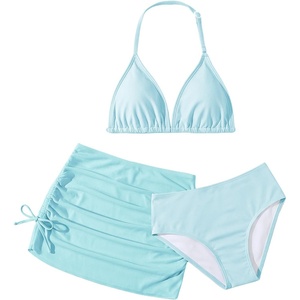image:imageRoseSeek Girls 3 Piece Cute Bowknot Bathing Suit Halter Triangle High Waisted Swimsuit with Beach Cover Up SkirtLight Blue