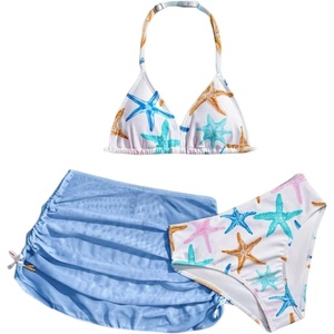 image:imageRoseSeek Girls 3 Piece Cute Bowknot Bathing Suit Halter Triangle High Waisted Swimsuit with Beach Cover Up SkirtMulticolor Blue