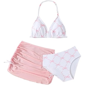 image:imageRoseSeek Girls 3 Piece Cute Bowknot Bathing Suit Halter Triangle High Waisted Swimsuit with Beach Cover Up SkirtPink