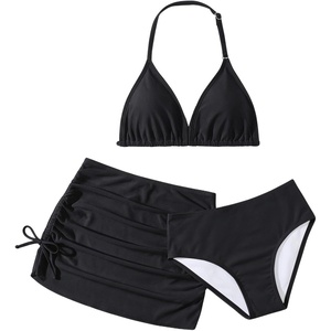 image:imageRoseSeek Girls 3 Piece Cute Bowknot Bathing Suit Halter Triangle High Waisted Swimsuit with Beach Cover Up SkirtSolid Black