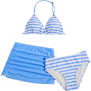 image:imageRoseSeek Girls 3 Piece Cute Bowknot Bathing Suit Halter Triangle High Waisted Swimsuit with Beach Cover Up SkirtStriped Blue and White