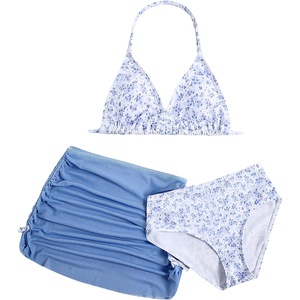 image:imageRoseSeek Girls 3 Piece Cute Bowknot Bathing Suit Halter Triangle High Waisted Swimsuit with Beach Cover Up SkirtTeal Blue