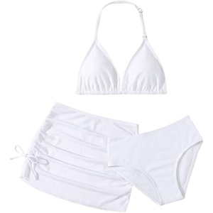 image:imageRoseSeek Girls 3 Piece Cute Bowknot Bathing Suit Halter Triangle High Waisted Swimsuit with Beach Cover Up SkirtWhite