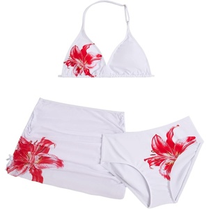 image:imageRoseSeek Girls 3 Piece Cute Bowknot Bathing Suit Halter Triangle High Waisted Swimsuit with Beach Cover Up SkirtWhite and Pink