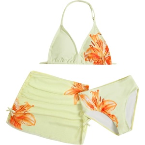 image:imageRoseSeek Girls 3 Piece Cute Bowknot Bathing Suit Halter Triangle High Waisted Swimsuit with Beach Cover Up SkirtYellow