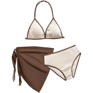 image:imageRoseSeek Girls 3 Piece Swimsuits Floral High Waisted Bikini Bathing Suit with Mesh Coverups SkirtApricot and Brown